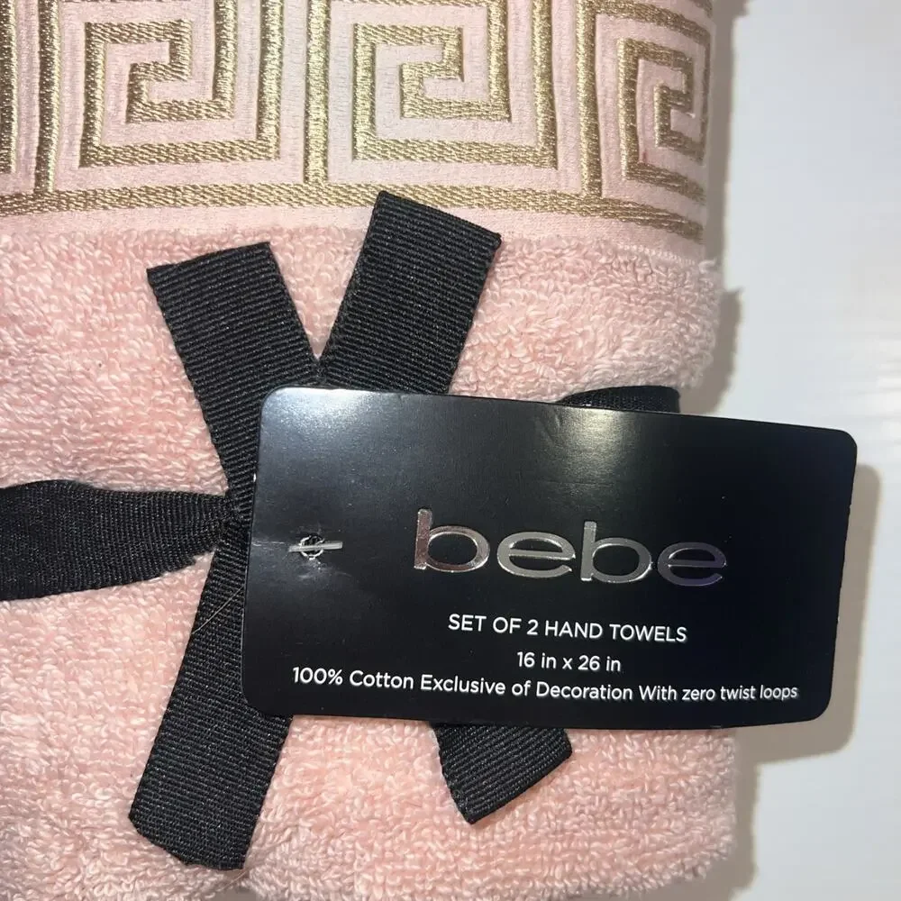 SET of 2 NEW BEBE PINK and GOLD 100% COTTON ZERO TWIST LOOP 16 x 26 HAND TOWELS